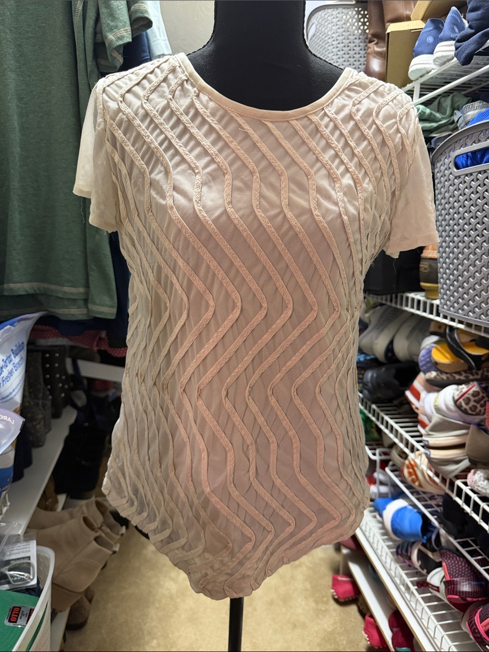 Rebecca Malone Cream Short-Sleeve Chevron Textured Top